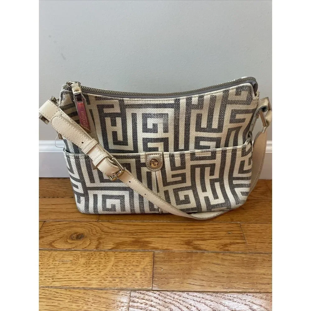 SPARTINA City Market Dixie Shoulder Bag De Renne Gray Cream White Linen Leather